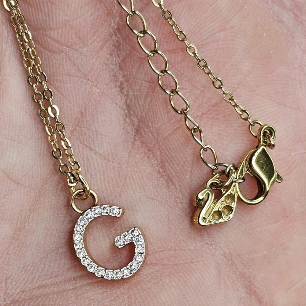 Swavorski Necklace & G Letter Pendant Hallmarked Swans Gold Tone 18" Adjustable